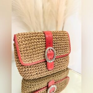 🌾 Brighton Dottie Red Patton and Straw Woven Clutch